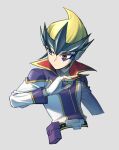 1boy blonde_hair blue_eyes card commentary_request fingerless_gloves gloves grey_background hand_up heterochromia holding holding_card jacket koma_yoichi long_sleeves male_focus pouch purple_bag red_eyes solo tenjou_kaito white_gloves yu-gi-oh! yu-gi-oh!_zexal 