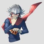  1boy adjusting_eyewear akaba_reiji bangs cape card commentary_request covering_mouth glasses grey_background grey_hair holding holding_card koma_yoichi long_sleeves male_focus red-framed_eyewear red_cape shirt solo upper_body yu-gi-oh! yu-gi-oh!_arc-v 