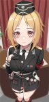  1girl arm_behind_back black_gloves blonde_hair blurry blurry_background breasts brown_eyes collared_shirt girls_frontline gloves half_gloves hand_on_own_chest highres large_breasts looking_at_viewer mp40_(girls_frontline) necktie shirt short_hair smile solo standing thigh_strap toryu_fufu 
