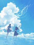  2girls arm_at_side arm_up barefoot blue_sky blue_theme canai cloud cloudy_sky commentary_request day facing_away floating grey_hair grey_skirt holding jellyfish long_hair long_skirt multiple_girls original outstretched_arm ponytail reflection scenery school_uniform shirt signature skirt sky standing tentacles vest water water_gun white_shirt wide_shot 