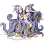 2girls :d aljezz_(clover_theater) circlet clover_theater coin colored_skin dress full_body gem gold_coin looking_at_viewer monster_girl mouth multiple_girls observerz official_art open_mouth pink_dress pink_skin red_eyes scylla smile tentacle_hair tentacles tiara transparent_background treasure_chest white_dress white_skin yellow_eyes 