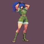  1girl arms_behind_head arms_up bangs blue_eyes blue_hair boots brown_gloves closed_mouth combat_boots commentary cropped_jacket cross-laced_footwear earrings english_commentary fighting_stance full_body gloves green_jacket green_shorts hair_tie high_ponytail jacket jewelry knee_boots lace-up_boots leona_heidern long_hair looking_at_viewer midriff muscular muscular_female navel omegachaino pixel_art ponytail shorts simple_background snk solo standing the_king_of_fighters toned tying_hair 