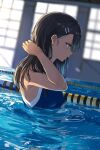  1girl black_hair blue_swimsuit blurry blurry_background breasts brown_eyes competition_swimsuit dark-skinned_female dark_skin day ear_clip from_side hair_ornament hairclip hand_in_hair highres ijiranaide_nagatoro-san isshiki_(ffmania7) long_hair nagatoro_hayase official_art one-piece_swimsuit pool profile small_breasts solo swimsuit wading wet wet_hair 