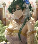 1girl bangs bare_shoulders blurry blurry_background breasts cleavage closed_mouth commentary_request delsaber dress earrings fire_emblem fire_emblem:_the_blazing_blade fire_emblem_heroes flower frills green_eyes green_hair hair_ornament highres jewelry light_particles lips long_hair looking_at_viewer lyn_(bridal)_(fire_emblem) lyn_(fire_emblem) medium_breasts necklace shiny shiny_hair simple_background smile solo strapless strapless_dress striped upper_body vertical_stripes 