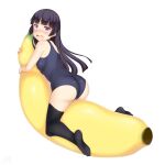  1girl absurdres ass banana black_hair black_legwear blue_swimsuit blush commentary_request food from_behind fruit full_body gokou_ruri highres inflatable_toy leaning_forward legs long_hair looking_back lying on_banana on_stomach one-piece_swimsuit open_mouth ore_no_imouto_ga_konna_ni_kawaii_wake_ga_nai pink_eyes sainohikari school_swimsuit simple_background solo straddling swimsuit thighhighs thighs white_background 