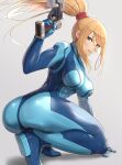  1girl absurdres aqua_eyes arm_support ass blonde_hair blue_bodysuit bodysuit breasts clenched_teeth commentary gonzarez green_eyes grey_background gun high_heels highres holding holding_gun holding_weapon impossible_bodysuit impossible_clothes kneeling large_breasts legs long_hair looking_at_viewer metroid mole mole_under_mouth muscular parted_lips ponytail samus_aran sidelocks simple_background skin_tight solo squatting teeth thighs weapon zero_suit 