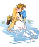  1boy 1girl blonde_hair blue_shirt blush boots bracer brown_hair closed_eyes couple dress earrings hair_down hetero jewelry kiss kukumomo layered_sleeves link long_dress long_hair long_sleeves partially_submerged patreon_logo plant pointy_ears ponytail princess_zelda shirt short_over_long_sleeves short_sleeves sidelocks sleeveless sleeveless_dress the_legend_of_zelda the_legend_of_zelda:_breath_of_the_wild thick_eyebrows torso_grab twitter_username very_long_hair water watermark wet wet_clothes wet_dress white_dress 