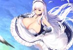  1girl azur_lane belfast_(azur_lane) blush braid breasts chain chixiao cleavage clothes_lift collar collarbone commentary_request crown_braid dress dress_lift feathers frills gloves highres huge_breasts long_hair maid maid_headdress partially_submerged purple_eyes smile solo wading water white_hair 