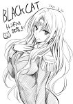  1girl bangs black_cat_(series) breasts cat commentary_request copyright_name dated facial_mark forehead_mark greyscale hair_behind_ear hand_on_own_chest highres long_hair looking_at_viewer medium_breasts monochrome parted_bangs sephiria_arks sketch solo white_background yabuki_kentarou 