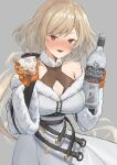  1girl alcohol bare_shoulders blush bottle breasts cleavage collarbone cup drinking_glass drunk fur_trim girls_frontline gloves hat hat_removed headwear_removed holding holding_bottle holding_cup kord_(girls_frontline) large_breasts light_brown_hair looking_at_viewer qub_dlfr red_eyes russian_standard short_hair solo vodka 