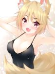  1girl :d animal_ear_fluff animal_ears armpits arms_behind_head arms_up bangs bare_arms bare_shoulders black_dress blonde_hair blush breasts cleavage commentary_request dress eyebrows_visible_through_hair fang fox_ears fox_girl fox_tail hair_between_eyes highres large_breasts looking_at_viewer ooji_cha open_mouth original red_eyes sleeveless sleeveless_dress smile solo tail upper_body 