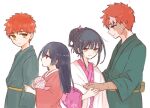  1boy 1girl ball black_hair blush brother_and_sister emiya_shirou emiya_shirou_(prisma_illya) eyebrows_visible_through_hair fate/kaleid_liner_prisma_illya fate_(series) floral_print holding holding_ball japanese_clothes kimono long_sleeves miyu_edelfelt multicolored_hair orange_hair red_eyes saihara scar scar_on_face siblings simple_background smile streaked_hair upper_body white_background yellow_eyes younger 