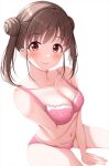  1girl arm_under_breasts bangs bare_arms bare_shoulders blush bra breasts brown_hair cleavage closed_mouth collarbone double_bun eyebrows_visible_through_hair heart highres idolmaster idolmaster_shiny_colors looking_at_viewer medium_breasts namidako navel panties pink_bra pink_panties red_eyes short_hair short_twintails simple_background sitting smile solo sonoda_chiyoko twintails underwear underwear_only white_background 
