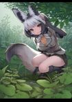  1girl animal_ear_fluff animal_ears bat-eared_fox_(kemono_friends) black_gloves blush breasts brown_eyes commentary_request extra_ears fox_ears fox_tail full_body gloves grey_hair highres kemono_friends large_breasts letterboxed light_smile looking_at_viewer multicolored_hair ne-on open_mouth outdoors rain short_hair silver_hair solo squatting streaked_hair tail 