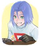  1boy apple_brk black_gloves blue_hair blush cup drinking_glass gingerbread_man gloves green_eyes grin hair_between_eyes james_(pokemon) pokemon pokemon_(anime) smile solo team_rocket_uniform upper_body 