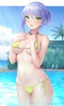  1girl bangs bikini blue_sky blush breasts collarbone commentary_request day eyebrows_visible_through_hair green_eyes hands_on_own_chest highres jewelry looking_at_viewer medium_breasts mizuya_nao navel necklace open_mouth original outdoors pool pool_ladder purple_hair ribbon short_hair short_ponytail side-tie_bikini skindentation sky solo stomach swimsuit thigh_strap underboob water yellow_bikini yellow_ribbon 