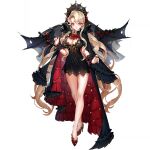 1girl ascot bangs bare_legs bat_wings black_cape black_dress blonde_hair breasts cape cleavage clover_theater crown dress eyebrows_visible_through_hair full_body hair_between_eyes large_breasts long_hair looking_at_viewer minodora_(clover_theater) official_art red_eyes red_footwear red_neckwear sai_ichirou shoes solo standing transparent_background very_long_hair wings wrist_cuffs 