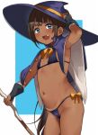  1girl :d arm_up armpits bangs bikini black_bikini blue_eyes blush border bow broom brown_hair capelet commentary_request cowboy_shot dark_skin eyebrows_visible_through_hair fang fingerless_gloves flat_chest gloves groin hai_ookami hand_on_headwear hat highres holding long_hair looking_at_viewer navel open_mouth original ponytail simple_background skindentation smile solo stomach string_bikini swimsuit swimsuit_under_clothes very_long_hair white_border witch_hat yellow_bow 