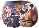  2boys 2girls absurdres bag bakery black_hair black_shirt blue_eyes blue_hair blue_jacket blush braid bread brown_hair chibi chibi_inset commission cu_chulainn_(fate)_(all) cu_chulainn_(fate/stay_night) english_commentary fate/stay_night fate_(series) food fujimura_taiga handbag highres jacket kuzuki_souichirou lipstick long_hair looking_at_viewer makeup medea_(fate) multiple_boys multiple_girls nisejouu pointy_ears purple_lips shirt shop side_braid 