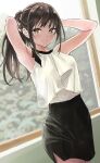  1girl absurdres anno_masato armpits arms_behind_head black_skirt brown_eyes brown_hair closed_mouth hands_in_hair highres indoors long_hair looking_at_viewer original pencil_skirt ponytail shirt skirt sleeveless sleeveless_shirt smile solo standing white_shirt window 