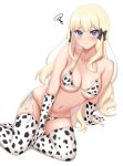  1girl absurdres animal_print arm_support bangs bikini black_bow blonde_hair blue_eyes bow breasts commentary_request cow_print elbow_gloves eyebrows_visible_through_hair gloves hair_bow highres long_hair looking_at_viewer medium_breasts navel period_(anony_83) princess_connect! print_bikini print_gloves print_legwear saren_(princess_connect!) simple_background sitting solo swimsuit thighhighs white_background white_bikini white_gloves white_legwear 
