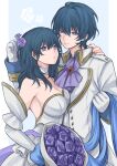  1boy 1girl absurdres bangs banned_artist blue_eyes blue_hair bouquet breasts bride bride_(fire_emblem) byleth_(fire_emblem) byleth_(fire_emblem)_(female) byleth_(fire_emblem)_(male) choker cleavage dress elbow_gloves fire_emblem fire_emblem:_three_houses flower gloves hair_between_eyes hair_flower hair_ornament highres jacket large_breasts long_hair looking_at_another purple_flower purple_rose rose shimizu_akina short_hair strapless strapless_dress upper_body wedding_dress white_choker white_dress white_gloves white_jacket 