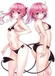  2girls ahoge ass back-to-back bikini black_bikini blush breasts commentary demon_tail front-tie_top halterneck isshi_pyuma long_hair looking_at_viewer medium_breasts momo_velia_deviluke multiple_girls nana_asta_deviluke navel open_mouth pink_eyes pink_hair short_hair siblings side-tie_bikini sisters small_breasts smile standing string_bikini swimsuit tail to_love-ru to_love-ru_darkness twins twintails 
