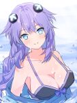  1girl aisu_(icicleshot) alternate_costume bare_shoulders black_bra blue_eyes blush bow bow_bra bra braid breasts cleavage clothes_pull d-pad d-pad_hair_ornament hair_between_eyes hair_ornament headgear hoodie_pull medium_breasts neptune_(series) off_shoulder partially_submerged power_symbol purple_hair purple_heart smile solo symbol-shaped_pupils twin_braids twintails underwear upper_body wet wet_clothes wet_hair 