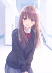  1girl black_cardigan blue_skirt bow bowtie brown_eyes brown_hair cardigan commentary_request cowboy_shot facing_viewer indoors long_hair long_sleeves looking_at_viewer nagidango open_mouth original pleated_skirt red_neckwear school_uniform skirt smile solo 
