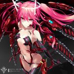  1girl bangs bemani body_armor breasts chainsaw collarbone eyebrows_visible_through_hair grace_(sound_voltex) grey_background hair_between_eyes hair_ornament highres kie_(yospcd) long_hair looking_at_viewer mecha_musume mechanical_wings navel red_eyes red_hair sidelocks simple_background small_breasts solo sound_voltex twintails wings 