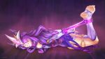  1girl absurdres arms_behind_back aura bdsm bondage bound clenched_teeth elbow_gloves eyepatch facial_mark feet gem gloves glowing hans_ft headgear highres league_of_legends legs long_hair multicolored multicolored_hair pink_hair purple_hair purple_legwear purple_nails purple_rope restrained rope signature solo star_(symbol) star_guardian_(league_of_legends) star_guardian_syndra syndra teeth toenails white_gloves wooden_floor 