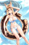  1girl animal_ear_fluff animal_ears arm_strap arm_up artist_request bikini blonde_hair blurry bokeh breasts choker cleavage closed_mouth commission criss-cross_halter depth_of_field dungeon_and_fighter eyewear_on_head halterneck highres innertube kaiser_(myeonggihusband) large_breasts long_hair multi-strapped_bikini navel outdoors ponytail reclining red_eyes second-party_source sidelocks soaking_feet solo sunglasses swimsuit very_long_hair water wet white_bikini 