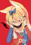  1girl absurdres animal_ears bare_shoulders blonde_hair bow eyebrows_behind_hair fox_ears hair_bow highres hololive icarus_(2010741) omaru_polka open_mouth purple_eyes red_background teeth tongue vampire virtual_youtuber wings 