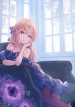  1girl anemone_(flower) blonde_hair blue_bow blue_dress bow brown_legwear closed_mouth commentary_request couch dress flower hair_bow hand_on_own_face looking_at_viewer nagidango off-shoulder_dress off_shoulder original pantyhose solo window yellow_eyes 