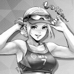  1girl armpits bare_shoulders breasts collarbone commentary_request eyewear_on_head freckles greyscale looking_at_viewer lucia_morgan monochrome official_alternate_costume open_mouth polka_dot polka_dot_background signature smile solo sports_bra sportswear street_fighter street_fighter_v tied_hair tokkotoritori translation_request upper_body visor_cap 