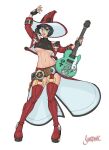 1girl abs absurdres artist_name bare_shoulders black_hair boots breasts electric_guitar fingerless_gloves full_body glasses gloves guilty_gear guilty_gear_strive guitar hat highres i-no instrument looking_at_viewer makeup medium_breasts midriff mole mole_above_mouth navel red_headwear shardanic short_hair simple_background smile solo standing stomach thigh_boots thighhighs underboob white_background witch_hat 