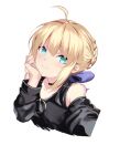  1girl ahoge artoria_pendragon_(all) bangs blush breasts fate/stay_night fate_(series) highres long_hair long_sleeves looking_at_viewer saber simple_background smile solo spider_apple white_background 