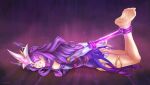 1girl absurdres arms_behind_back aura bdsm bondage bound clenched_teeth elbow_gloves eyepatch facial_mark feet gem gloves glowing hans_ft headgear highres league_of_legends legs long_hair multicolored multicolored_hair pink_hair purple_hair purple_nails purple_rope restrained rope signature solo star_(symbol) star_guardian_(league_of_legends) star_guardian_syndra syndra teeth toenails white_gloves wooden_floor 