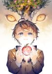  1boy :d ahoge animal apple aslan_(the_chronicles_of_narnia) asymmetrical_bangs bangs blue_eyes brown_hair buttons close-up coat crying cut-in digory_kirke eye_focus eyes food fruit lion messy_hair open_mouth parted_bangs short_hair smile tamaki_iori the_chronicles_of_narnia tree upper_body yellow_eyes 