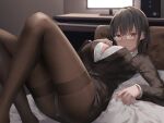  1girl :o absurdres ass bangs bed black_hair black_jacket blush breasts brown_eyes brown_legwear cleavage computer desk formal glasses highres indoors jacket knees_up large_breasts long_sleeves looking_at_viewer lying monitor non-web_source office_lady on_back on_bed open_mouth original panties panties_under_pantyhose pantyhose pencil_skirt shirt skirt skirt_suit solo suit suzuame_yatsumi thighband_pantyhose underwear white_panties white_shirt 