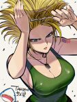  1girl big_hair blonde_hair blue_eyes breasts cleavage closed_mouth comb genderswap genderswap_(mtf) green_shirt guile hair_brushing highres jewelry large_breasts mole mole_under_eye necklace serious shadow shark shiny shiny_clothes shirt sleeveless sleeveless_shirt solo street_fighter takumi_watanuki tattoo 