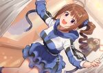  1girl :d ahoge bangs belt blue_dress blue_footwear blue_scrunchie blurry blurry_background boots brown_hair changing_room commentary curtains depth_of_field dress drill_hair dutch_angle eyebrows_visible_through_hair hair_ornament hair_scrunchie idolmaster idolmaster_million_live! indoors kamille_(vcx68) layered_dress long_sleeves medium_hair mirror open_mouth purple_eyes scrunchie shirt short_dress side_drill side_ponytail smile solo standing t-shirt white_belt yokoyama_nao zipper 