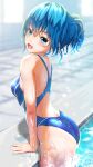  1girl absurdres arm_support ass blue_eyes blue_hair competition_swimsuit cowboy_shot garter-velvet highleg highleg_swimsuit highres looking_at_viewer one-piece_swimsuit original ponytail pool poolside short_hair solo swimsuit water wet wet_clothes wet_swimsuit 