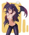  ... 1girl belt black_choker black_jacket black_pants blue_hair breasts choker clawed_gauntlets commentary cowboy_shot demon_wings disgaea english_commentary fang fur-trimmed_jacket fur_trim genderswap genderswap_(mtf) groin hands_up jacket killia_(disgaea) kuzel_(bonolangje) long_hair long_sleeves looking_down makai_senki_disgaea_5 medium_breasts open_clothes open_jacket open_mouth pants pointy_ears ponytail revealing_clothes scales slit_pupils solo speech_bubble sweat thighhighs tight tight_pants white_background wings yellow_background yellow_eyes 