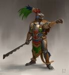  1other absurdres ambiguous_gender animal_helmet armor aztec boots breastplate clawed_gauntlets claws commentary english_commentary full_armor gauntlets helmet highres holding holding_sword holding_weapon knight manuel_castanon metal_boots original outstretched_arm pelt plume solo sword tiger_pelt weapon 