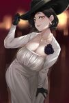  1girl alcina_dimitrescu bangs black_hair blush breasts collarbone curvy hat highres large_breasts looking_at_viewer moisture_(chichi) pale_skin red_lips resident_evil resident_evil_village short_hair smile solo sun_hat yellow_eyes 