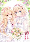  2girls :d alice_margatroid bangs bare_arms bare_shoulders blonde_hair blue_eyes blue_flower bouquet bow breasts bridal_veil dress eyebrows_visible_through_hair fang flower hair_between_eyes hairband juliet_sleeves kirisame_marisa long_hair long_sleeves medium_breasts multiple_girls nanase_nao open_mouth pink_flower puffy_sleeves red_bow red_hairband see-through sleeveless sleeveless_dress smile touhou veil very_long_hair wedding_dress white_background white_dress white_flower yellow_eyes 