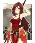  1girl altena_(fire_emblem) arm_up armor bare_shoulders belt belt_buckle blush breasts brown_eyes brown_hair buckle collarbone fire_emblem fire_emblem:_genealogy_of_the_holy_war headband holding holding_weapon long_hair open_mouth solo weapon white_headband yukia_(firstaid0) 