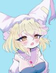  1girl :o adapted_costume animal_ears bare_shoulders blonde_hair blue_background blue_dress breasts cleavage detached_sleeves dress fang fox_ears frills hat highres large_breasts open_mouth pillow_hat renakobonb short_hair simple_background skin_fang solo touhou upper_body yakumo_ran yellow_eyes 