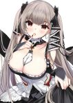  1girl azur_lane bangs bare_shoulders between_breasts black_dress black_nails blush breasts cleavage commentary cowboy_shot dress earrings eyebrows_visible_through_hair finger_to_mouth flight_deck formidable_(azur_lane) frilled_dress frills grey_hair hair_ornament hair_ribbon jewelry large_breasts long_hair long_sleeves looking_at_viewer open_mouth red_eyes ribbon rigging ry_thae simple_background skirt_hold solo twintails white_background 